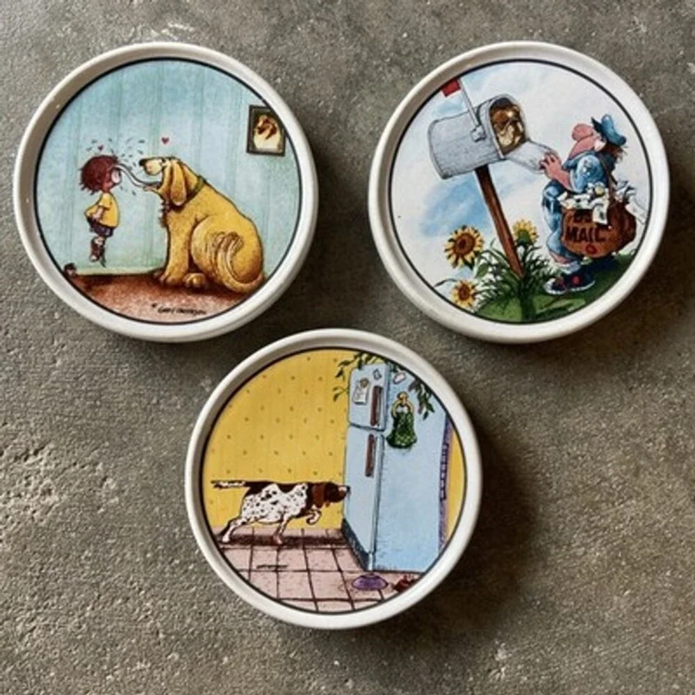 Set of 3 Gary Patterson Dog Comic Ceramic Clay Design Coasters